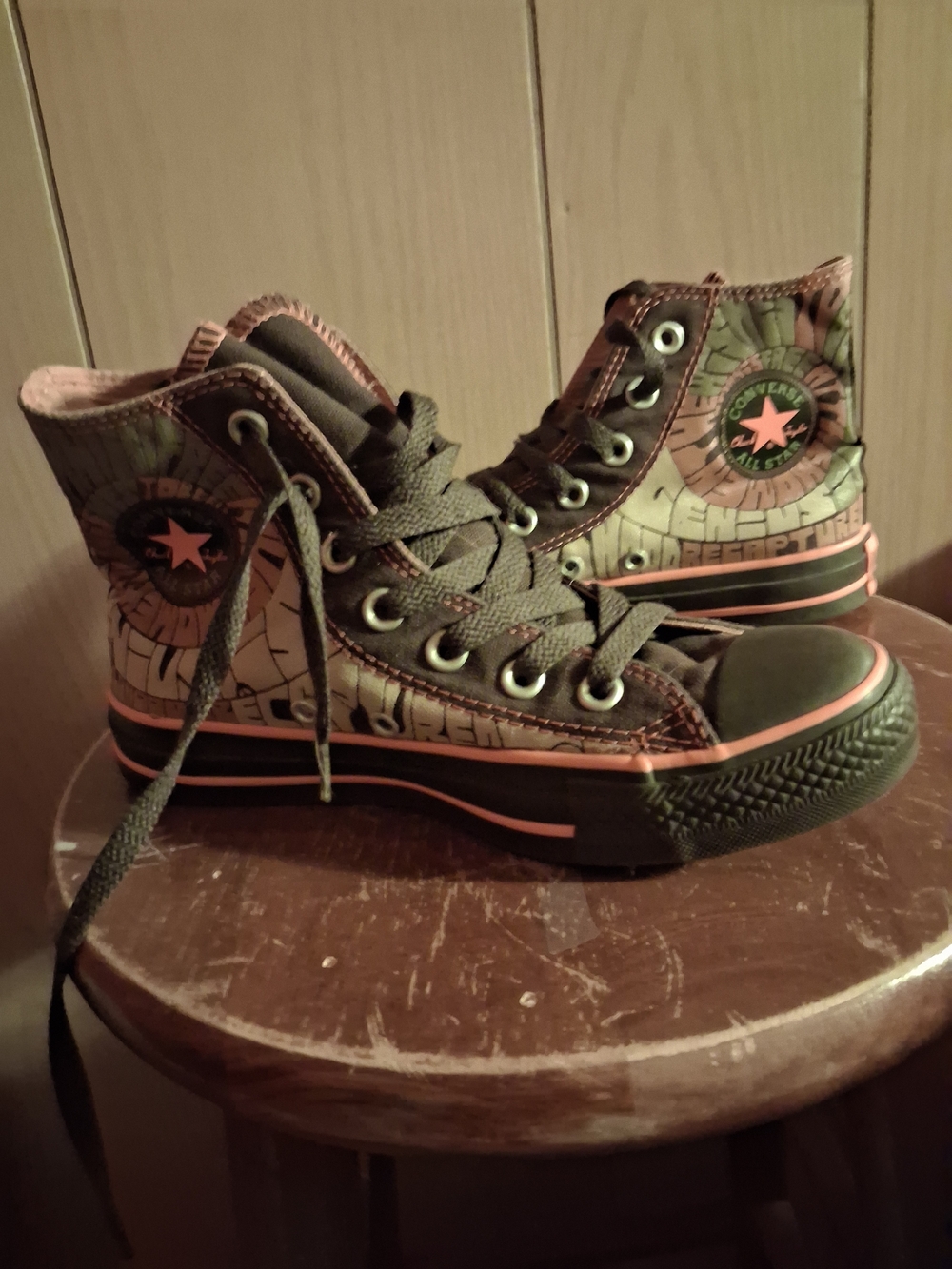 Converse High Top Sneakers in Olive Green with Pink Accents
